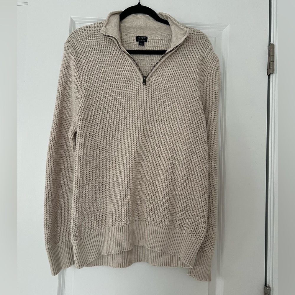 J Crew Waffle Knit Mock Neck Zip Long Sleeve Sweater Mens Large Cream Cotton